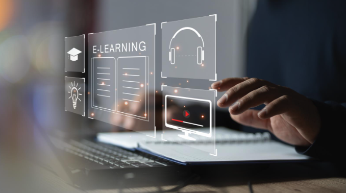 A man’s hands are seen hovering above a laptop, the screen is digitally illuminated to show an online course. 