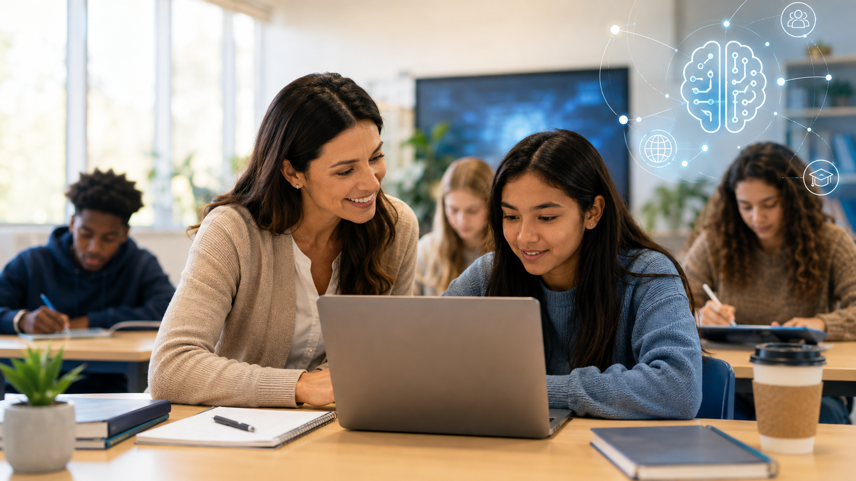 Hispanic school teacher reviews ai literracy with middle school students.